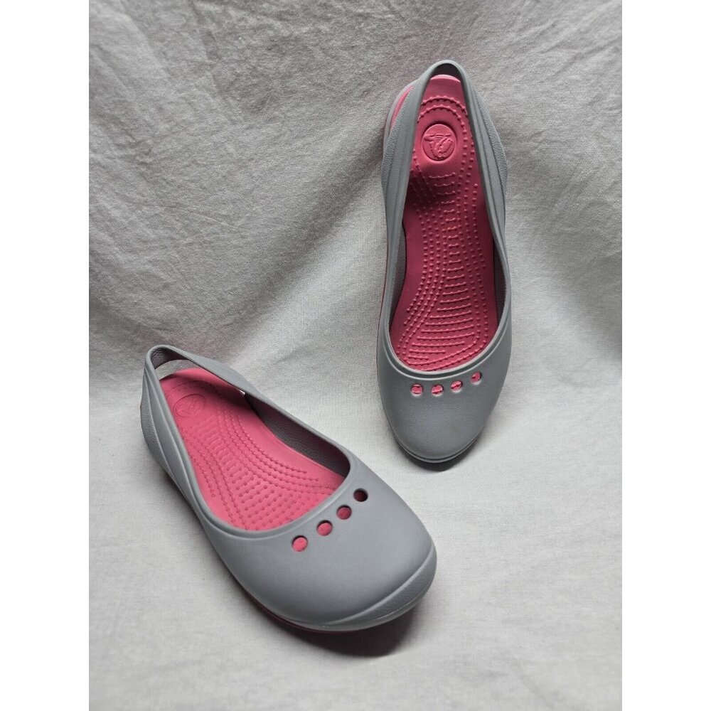 CROCS Women's Tone Skylar 7US Gray/Pink Rubber Slip On Slingback Mary Jane Flat